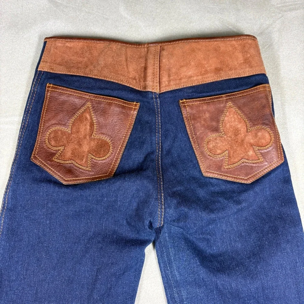 Vintage Royal Flesh Custom Leather Denim Lace Up Flare Jeans 80s 90s Western M